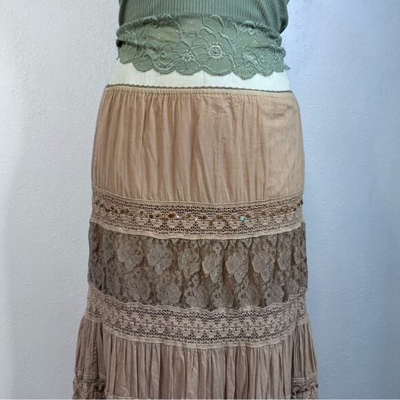 Y2K Boho Lace Midi Skirt Taupe Brown Tiered Ruffle Peasant Cottagecore Fairycore - Picture 2 of 7